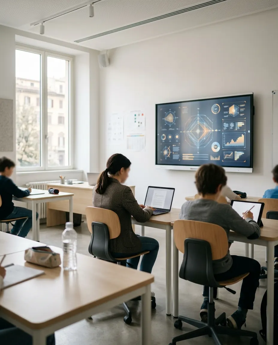 Aula contemporanea con monitor interattivo (LIM), studenti soft-presence e ambiente educativo premium.
