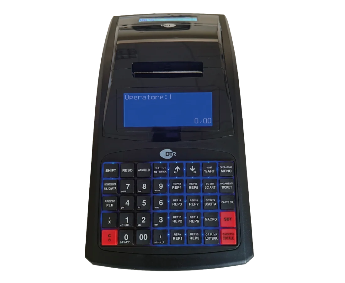 Registratore telematico DTR DBlack RT visto frontalmente: display operatore a 5 righe e tastiera retroilluminata a 40 tasti