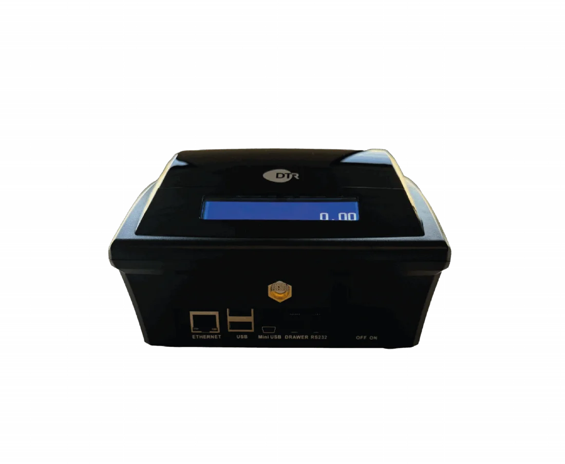 Il retro del DTR DBlack RT con le porte etichettate: Ethernet, USB, Mini USB, cassetto e RS232