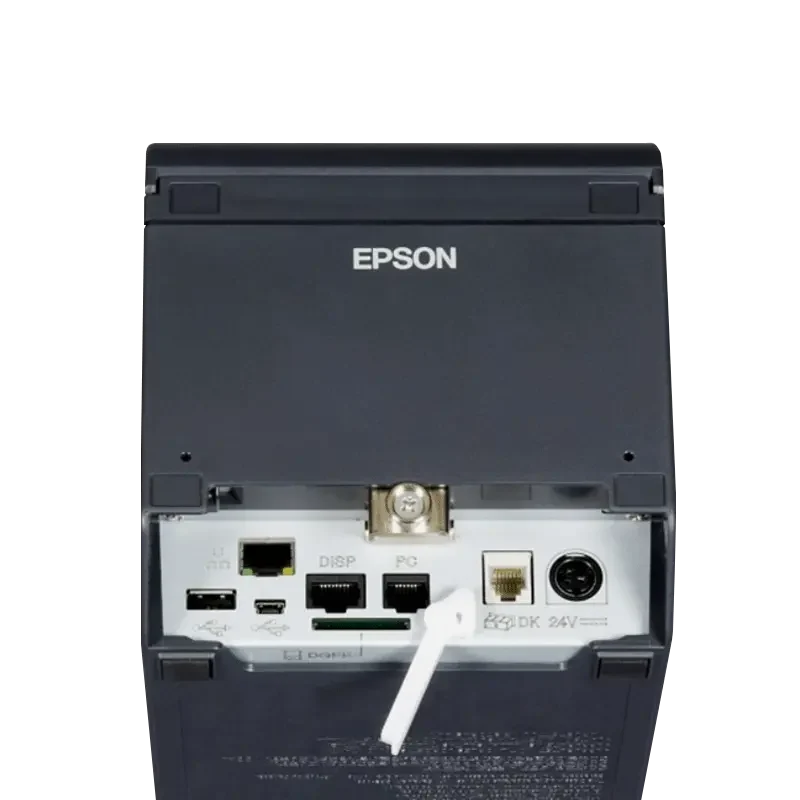 Il pannello posteriore dell'Epson FP-81II RT con le porte: alimentazione, seriale, USB, cassetto e display di cortesia