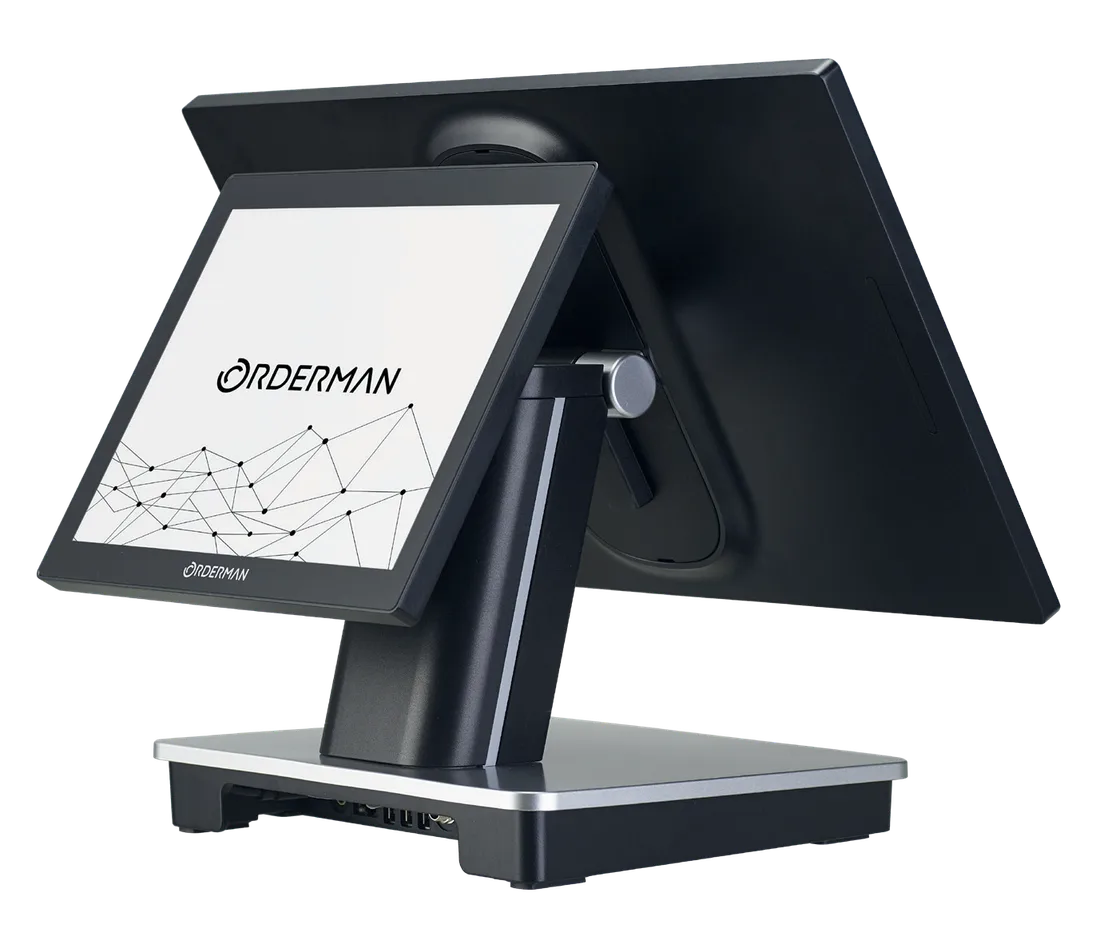 Orderman Magellan Easy in vista tre quarti con display cliente posteriore e colonna in alluminio