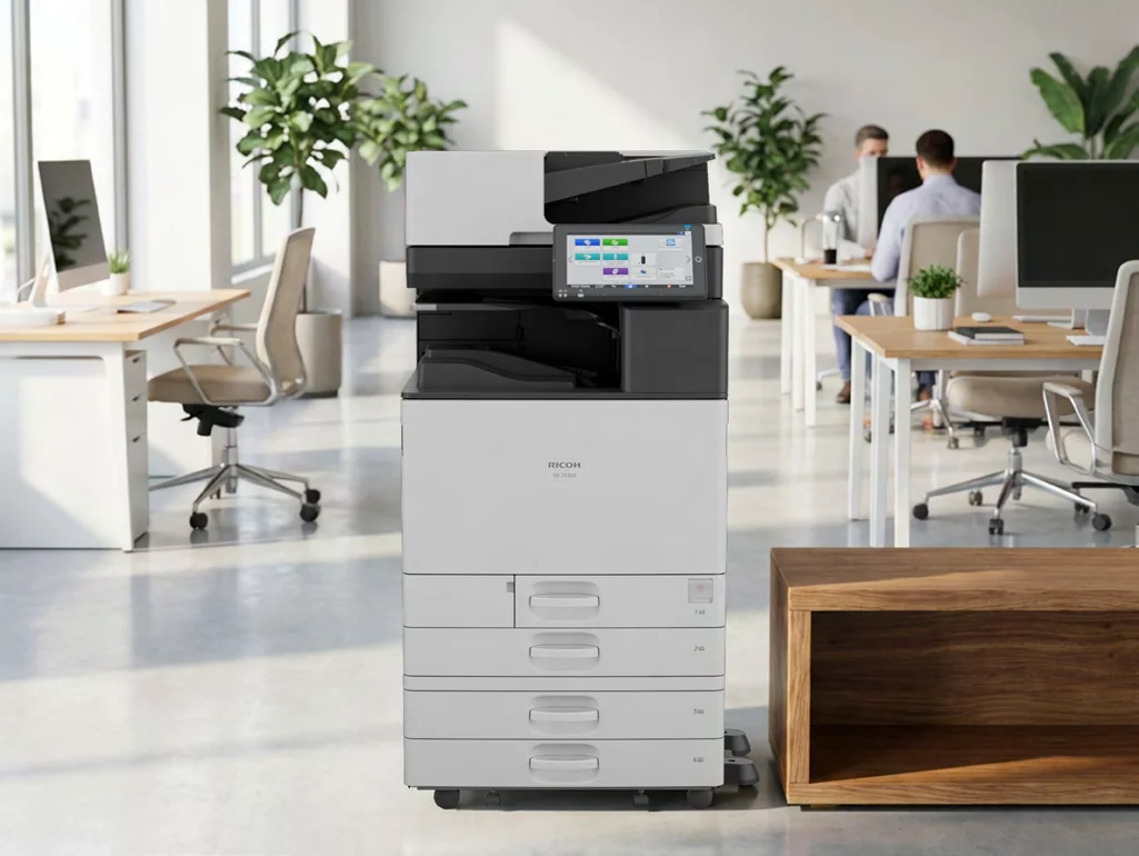 Multifunzione della Serie RICOH IM A3 in un ufficio open space moderno, con il pannello touch in evidenza
