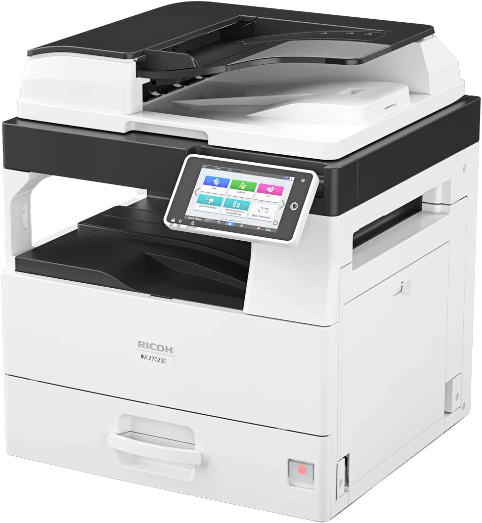 Multifunzione compatta Ricoh IM 2702SE vista di tre quarti, con alimentatore documenti e pannello touch a colori