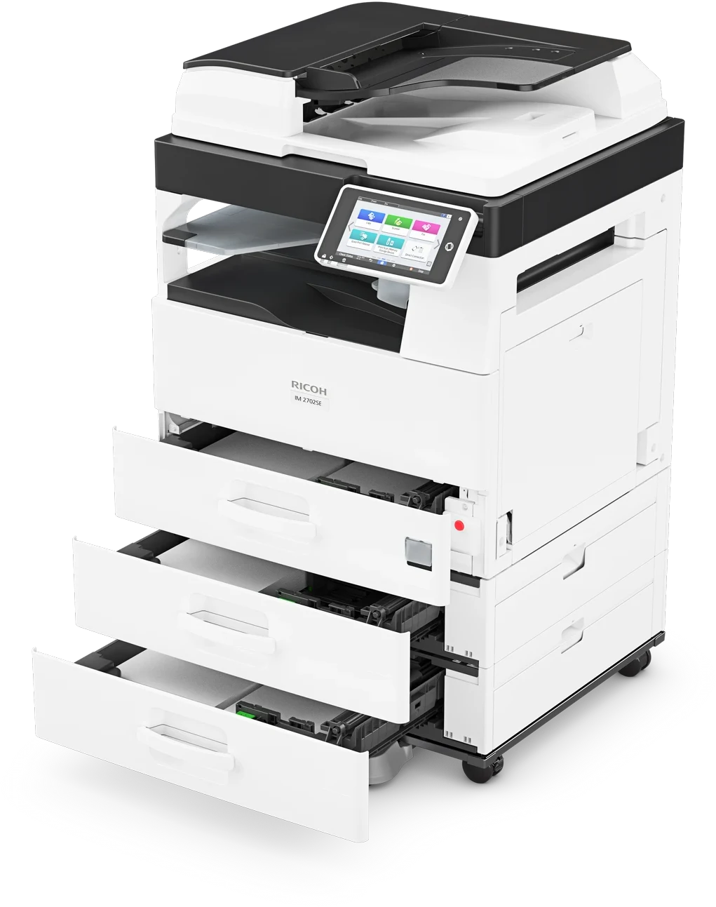 Ricoh IM 2702SE con i tre cassetti carta aperti a scalare, a mostrare la gestione carta modulare