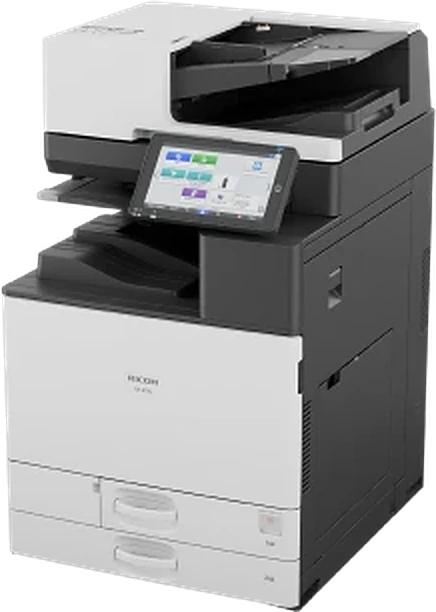 Multifunzione Ricoh IM 6010 vista di tre quarti, con alimentatore documenti e pannello touch intelligente inclinato