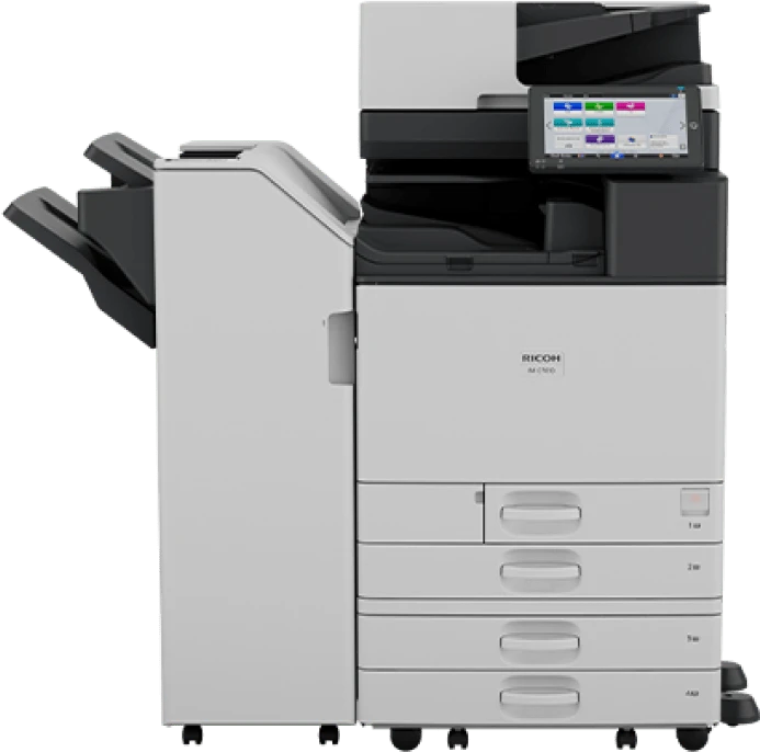 Ricoh IM C2010 in configurazione con finisher laterale per pinzatura e fascicolazione automatica