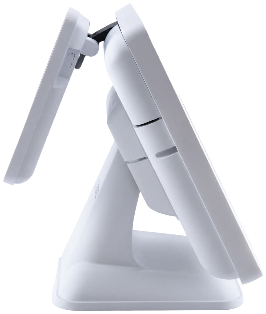 Vista laterale del POS|ONE 6000X EVO: profilo inclinato con doppio display e base in alluminio